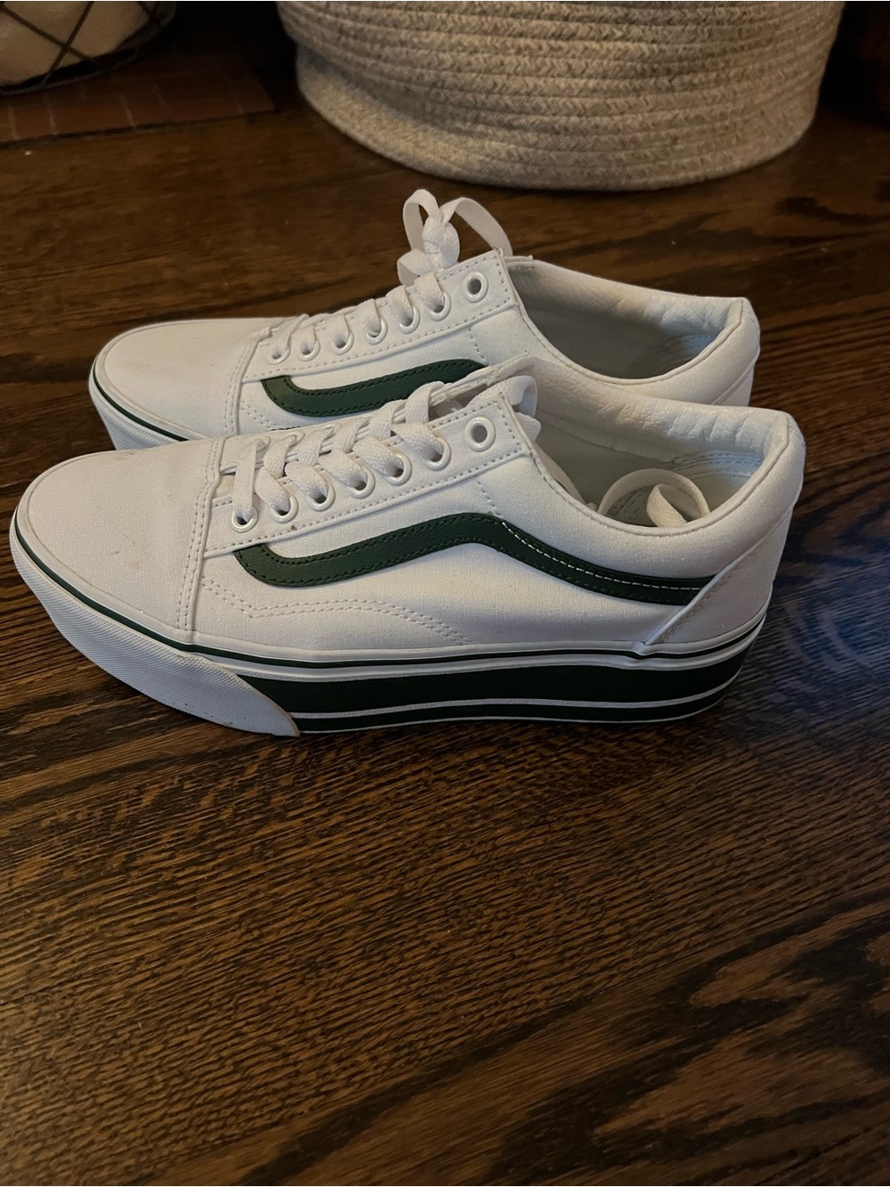 Vans White Low-Top Platform Sneakers with Green Stripe - Picture 8 of 10